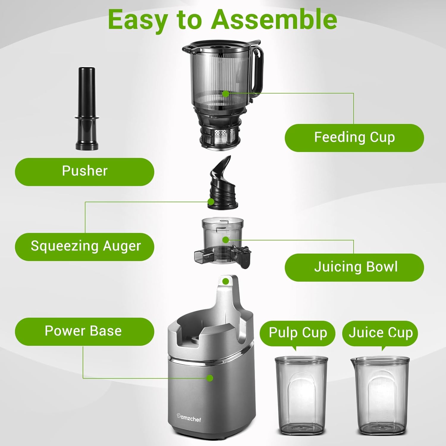 Juicer Machines, AMZCHEF 5.3-Inch Self-Feeding Masticating Juicer Fit Whole Fruits & Vegetables, Cold Press Electric Juicer Machines with High Juice Yield, Easy Cleaning, BPA Free, 250W