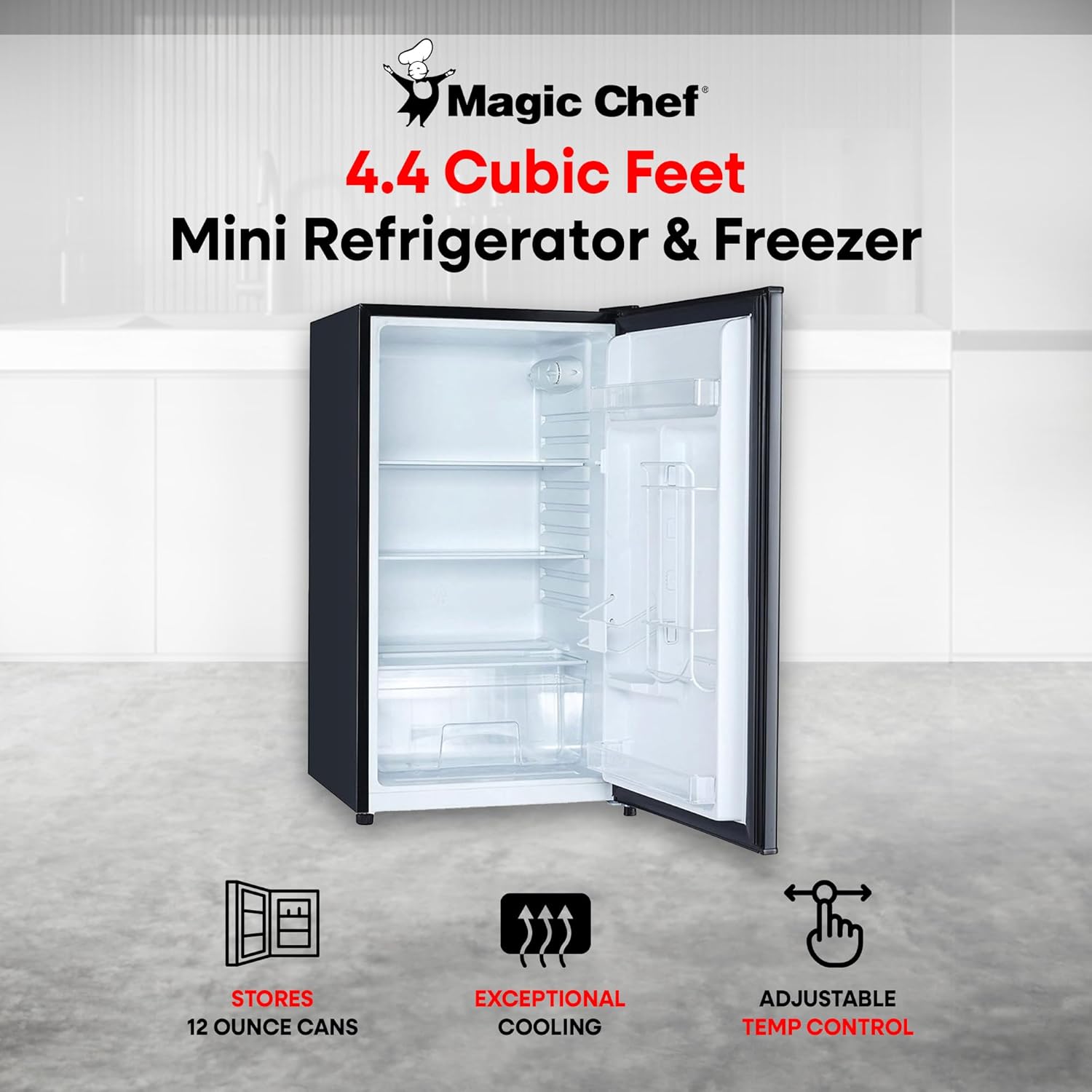 Magic Chef Compact Mini Refrigerator with Built In Freezer Compartment, Adjustable Temperature Control, and Grab and Go Can Dispenser, Black