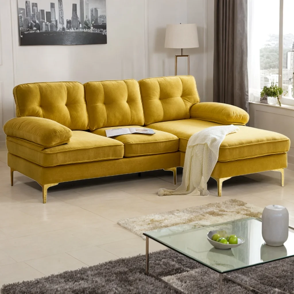 83" Modern Sectional Sofas Couches Velvet L-Shaped Couches for Living Room, Bedroom (Yellow)