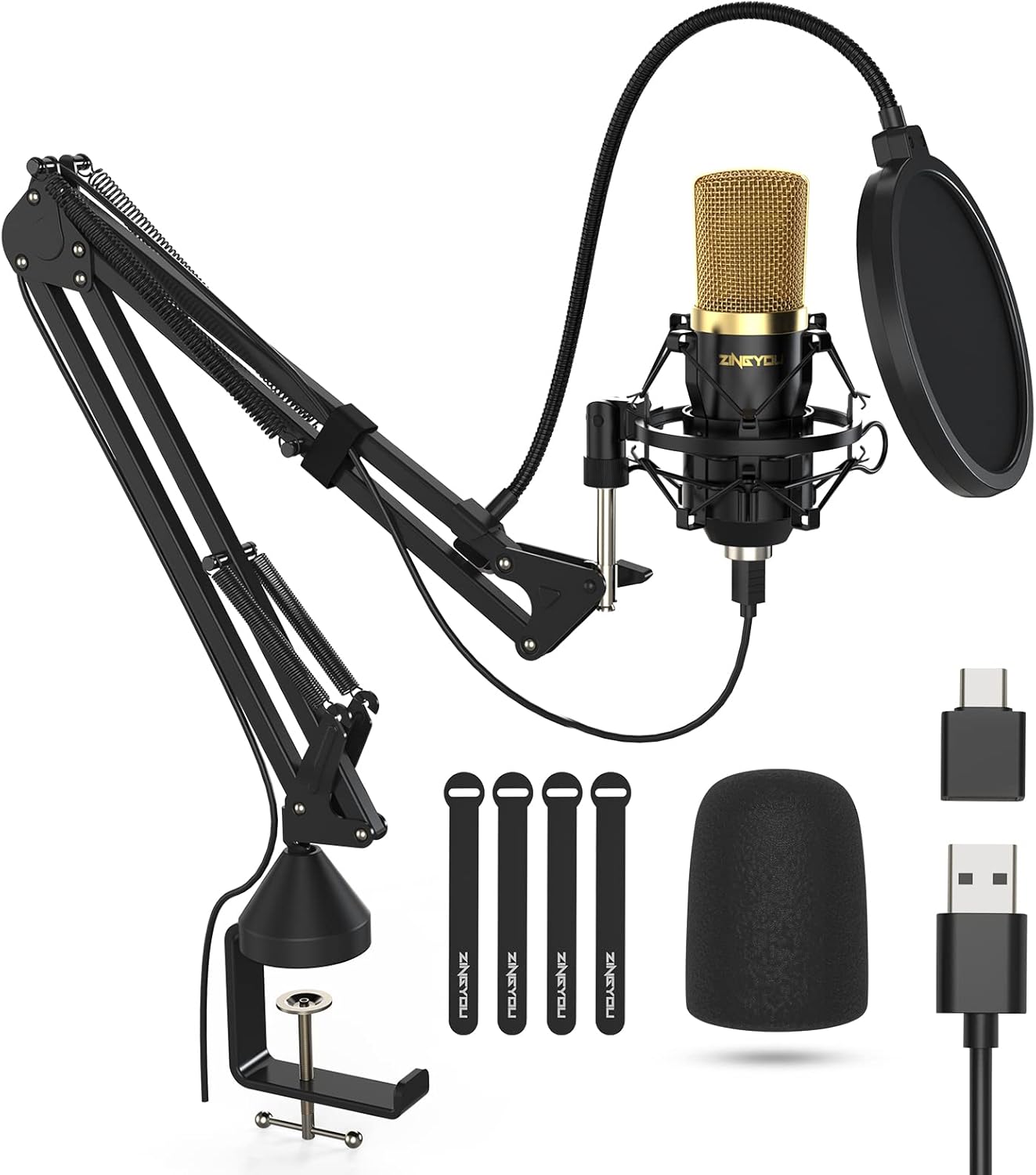USB Condenser Microphone, ZINGYOU 96KHz/24Bit Cardioid Computer Mic Kit for PC Recording, Gaming, Live Streaming, Voice Over, YouTube, Twitch, with Upgraded Boom Arm, ZY-UA2 (Gold) Pack of 2