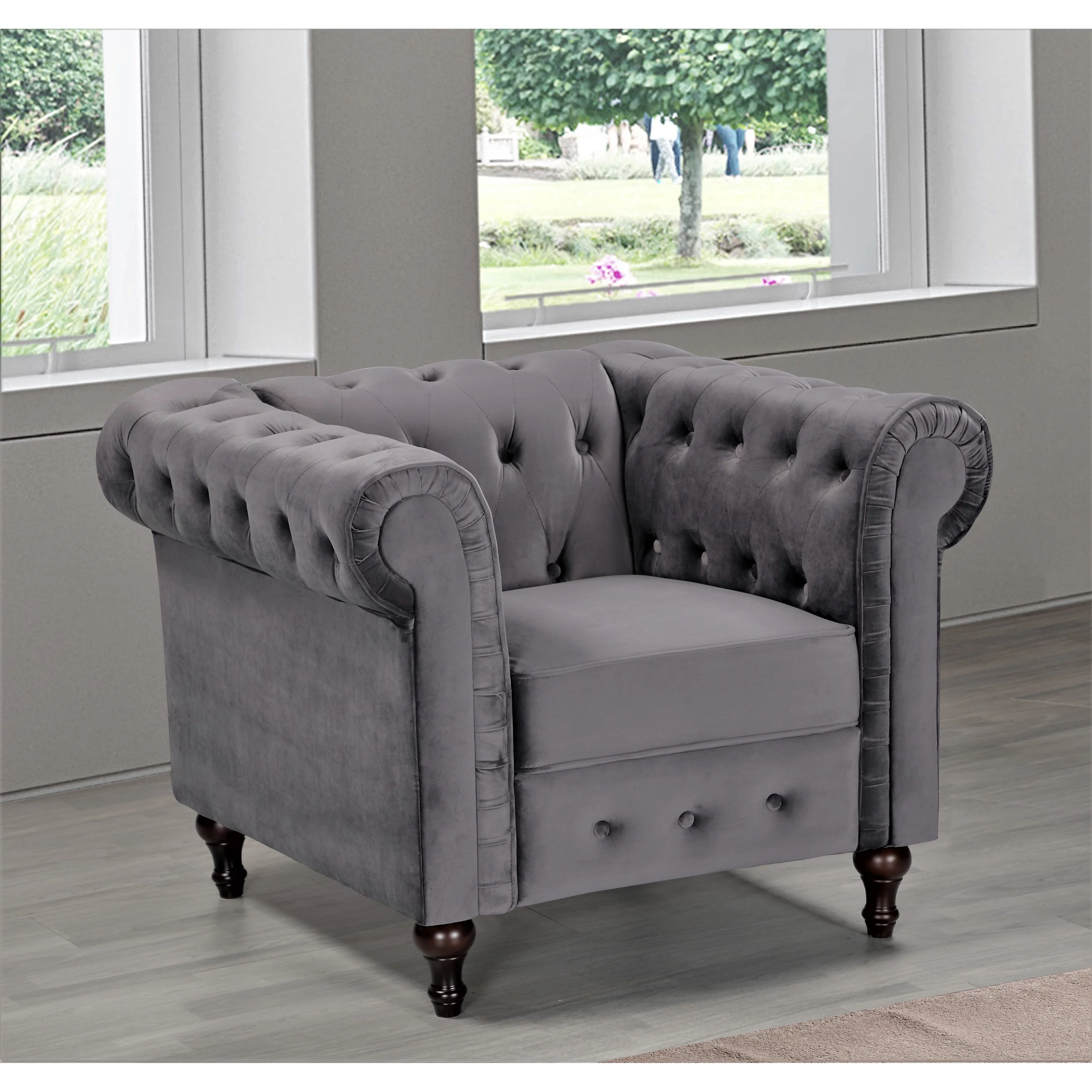 US Pride Furniture Brooks Classic Chesterfield Chair Grey Velvet Velvet