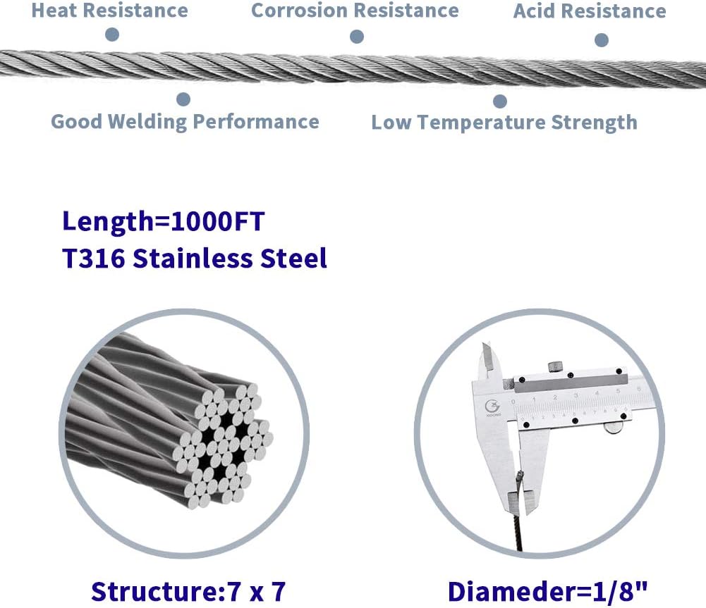 1000FT 1/8" T316 Stainless Steel Cable, Wire Rope Aircraft Cable for Deck Cable Railing Kit, 7 x 7 Strands Construction,DIY Balustrades, Come with a Cutter