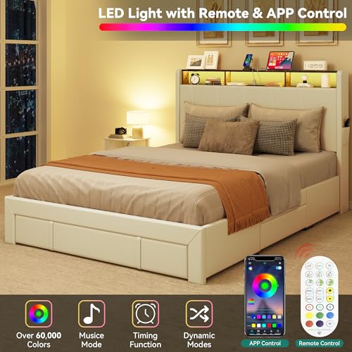 YITAHOME Queen Size Bed Frame, Storage Bed Frame with 4 Drawers & LED Light, Platform Bed with Storage Upholstered Headboard and Charging Station, No Box Spring Needed, Easy Assembly, Beige