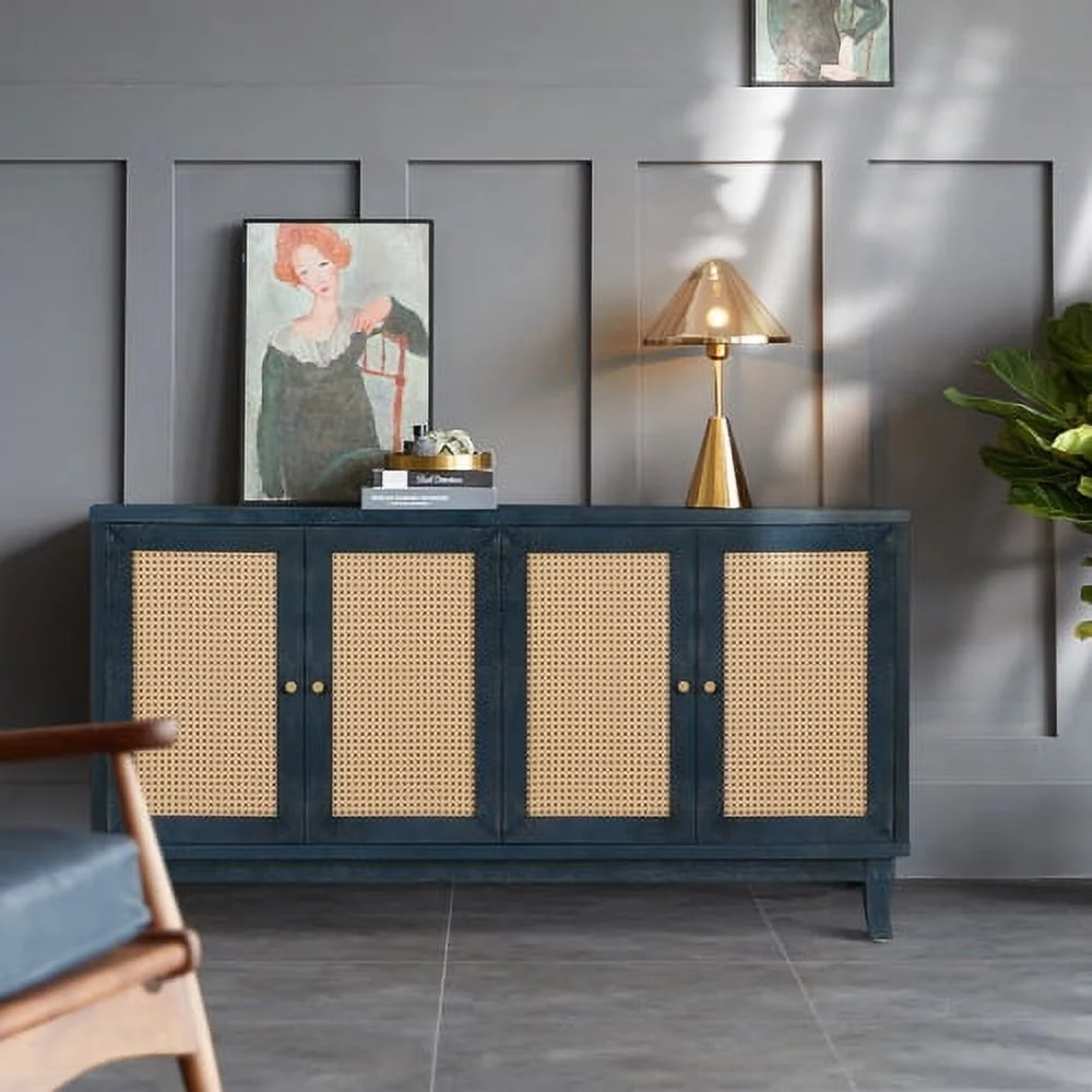Softly Lacquer Finishes Accent Storage Cabinet Sideboard Wooden Cabinet with Antique Deep Blue 4Doors for Hallway, Entryway, Living Room, Bedroom - Curated Treasures Market