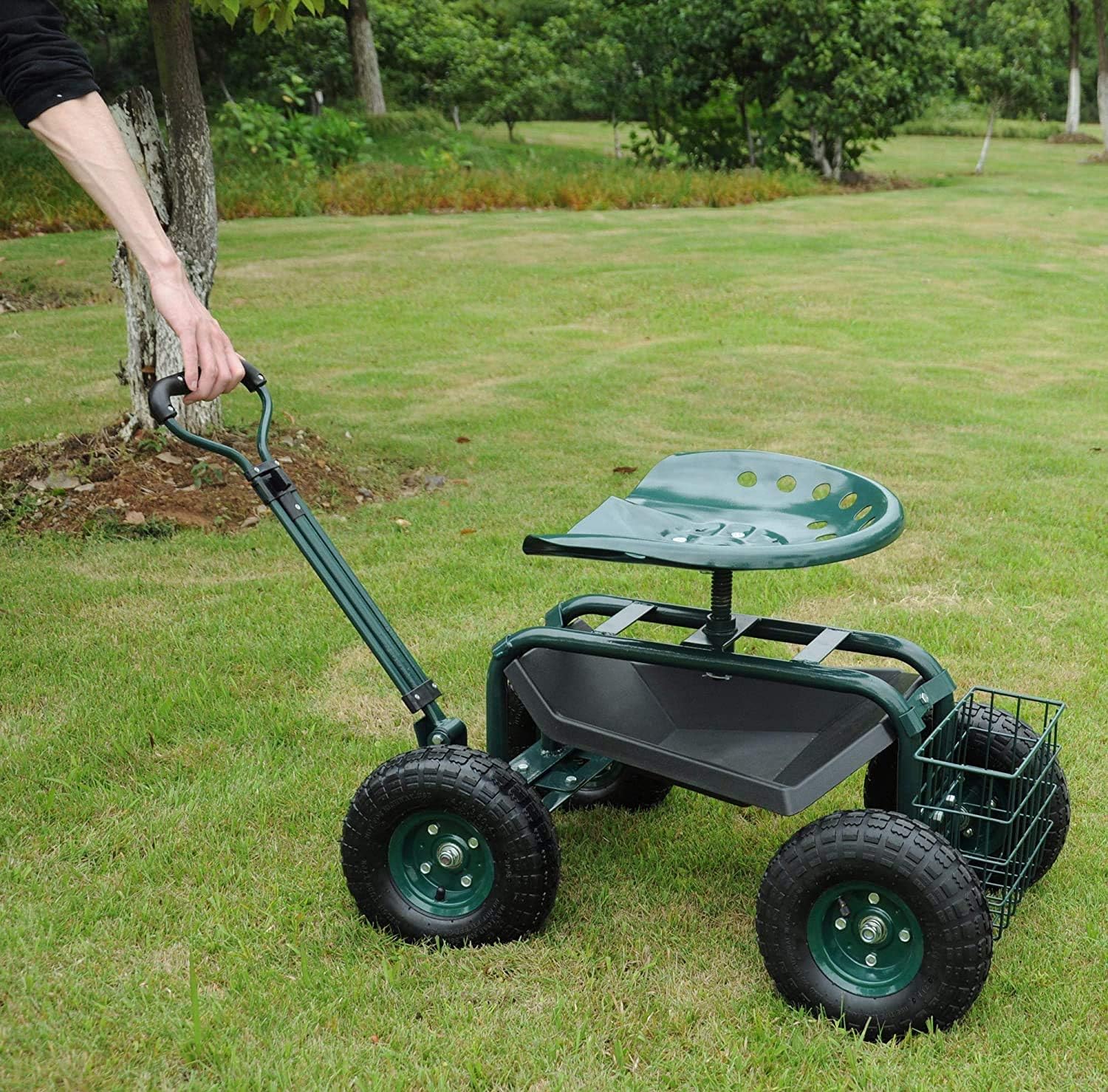 Dporticus Rolling Garden Steerable Tool Cart Scooter with Extendable Steer Handle,360 Swivel Seat and Tool Storage Basket, Green