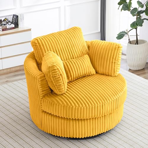 Chair and A Half with Ottoman, 360° Swivel Accent Barrel Chair Modern Comfy Round Reading Sofa Swivel Chairs Circle Lounge Chair for Bedroom Living Room w/4 Pillow Lower Seating Heigh (White, Large)