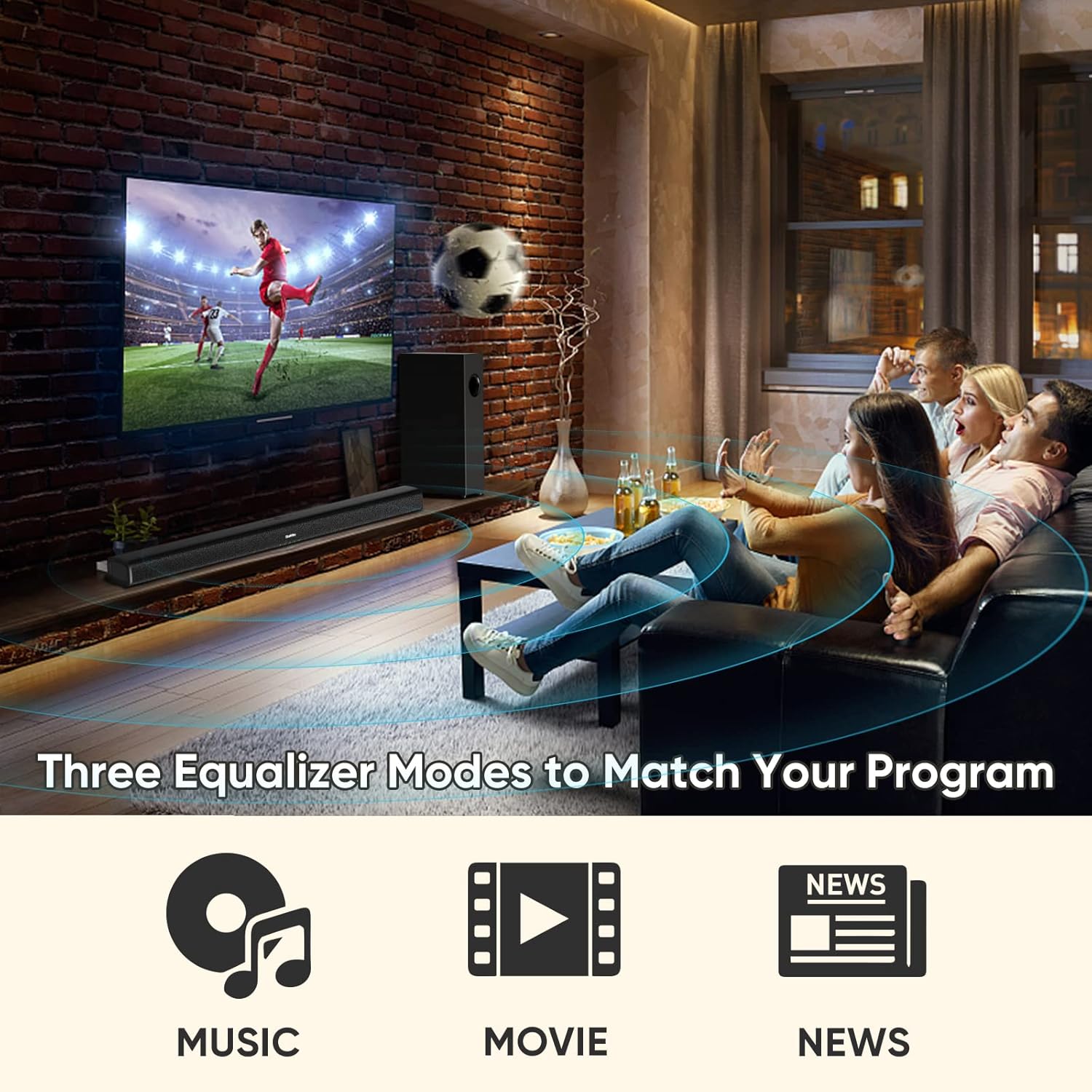 Saiyin Sound Bars for TV with Subwoofer, 100W 2.1 CH Surround Sound System, DSP Home Theater Audio, Bluetooth 5.0/Optical/RCA Connectivity