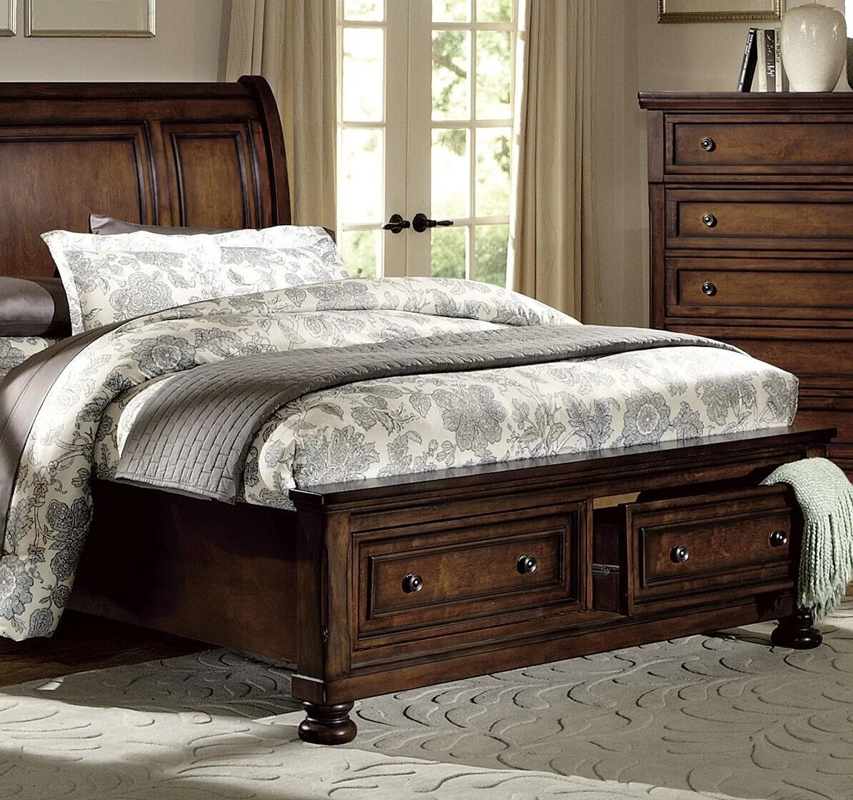 Brown Cherry Finish 3pc Bedroom Set Platform King Bed Storage Nightstands Traditional Style Wooden Furniture