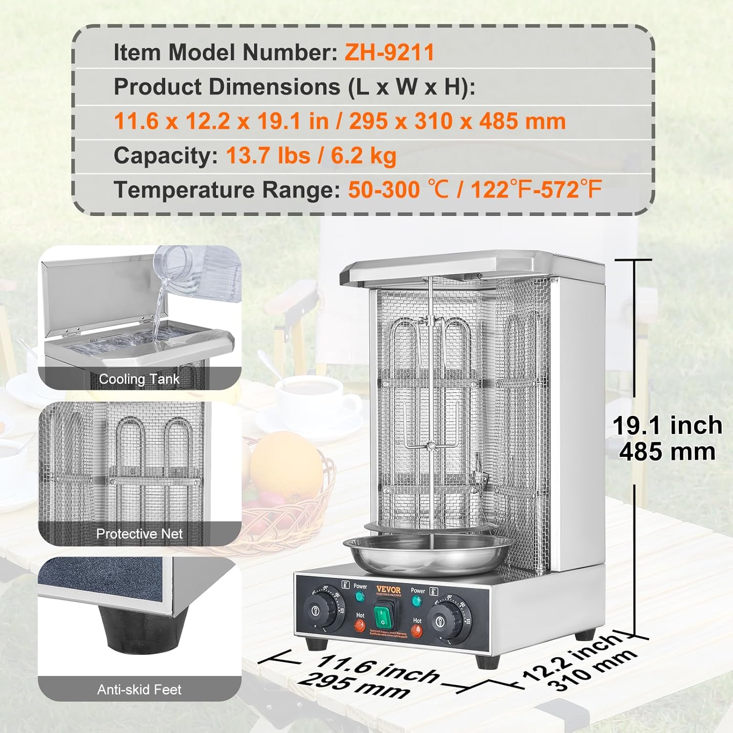 VEVOR Shawarma Grill Machine, 13 lbs Capacity, Chicken Shawarma Cooker Machine with 2 Burners, Electric Vertical Broiler Gyro Rotisserie Oven Doner Kebab Machine, for Home Restaurant Kitchen Parties
