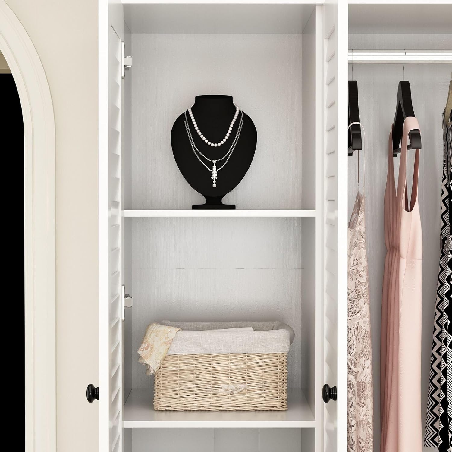Rustic White Large Capacity Slat Door Wardrobe Closet with 5 Drawers and 4 Doors Roomy Storage, E355142988740