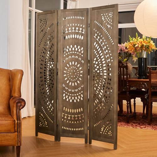 Room Divider Wood Carved Wall Divider Indoor Folding Bohemian Style Portable Partition Screen for Home Office Garden Terrace - 6 Panels (Antique, White-Washed)