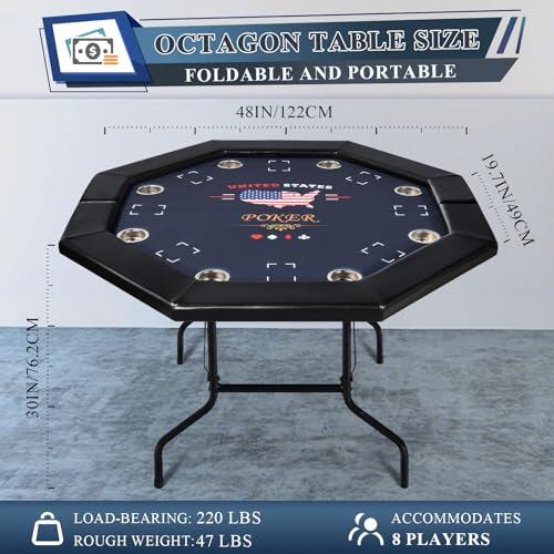 8 Players Poker Table Foldable,50inch Upgraded Folding Octagon Casion Table, Portable Texas Holedem Table w/Stainless Steel Cup Holders, Water-Resistant Cushioned Rail (Brown)