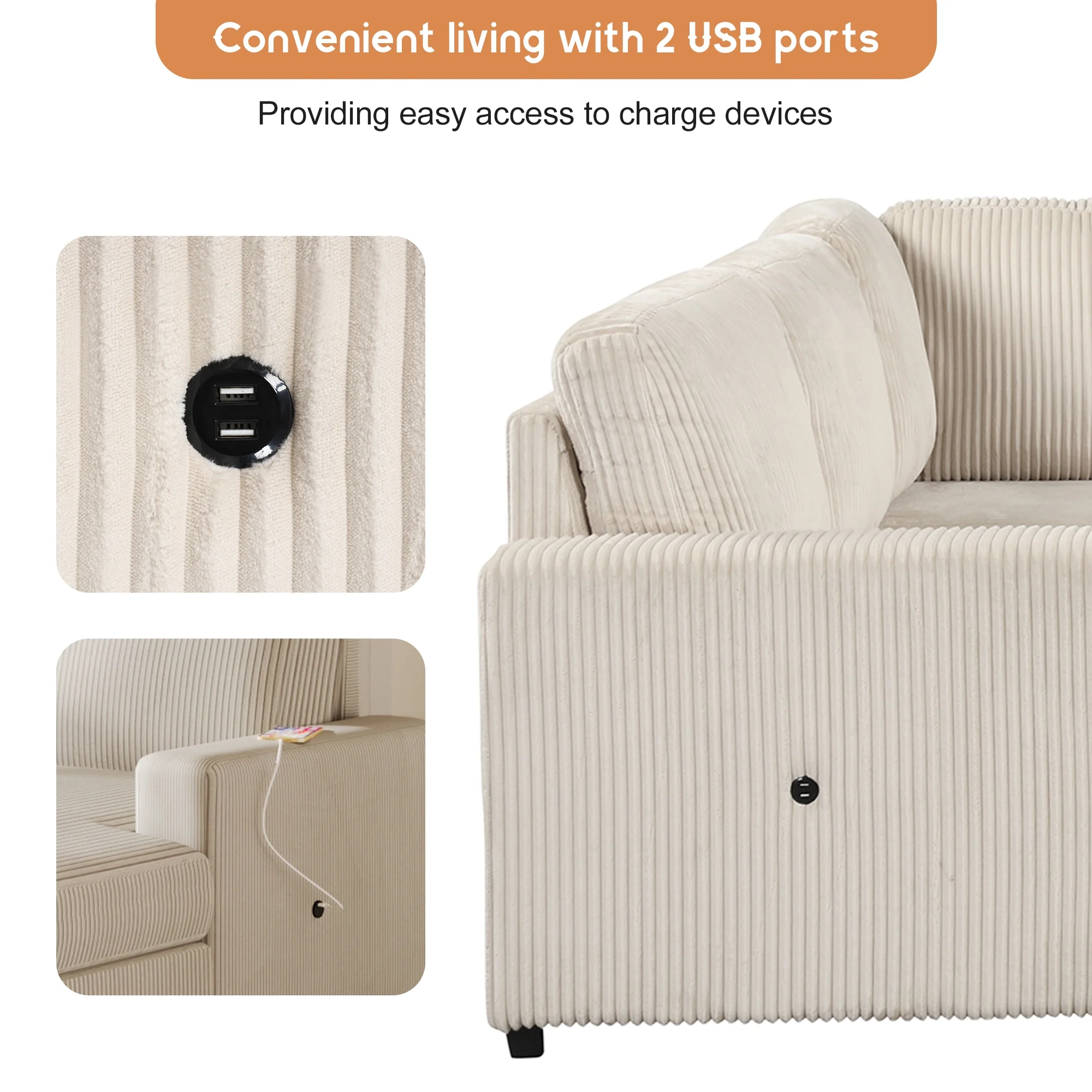EUROCO 116.5"  Larger 7-Seater Modular Sectional Sofa and Couch, U-Shaped Couch Corduroy Pull Out Sofa Bed with Storage Chaise and USB interfaces for Living Rooms, Offices, and Spacious Spaces,Beige