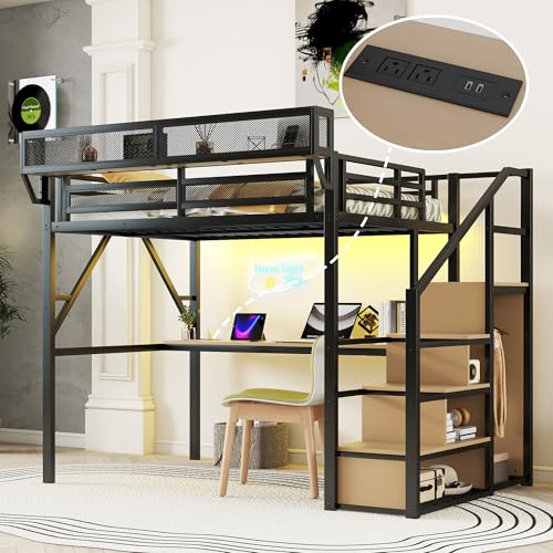 Full Size Loft Bed with Stairs and Storage, Metal Loft Bed Frame with Bedside Shelf and Large Under-Bed Space, Heavy-Duty Bed for Adults Teens and Kids, Black