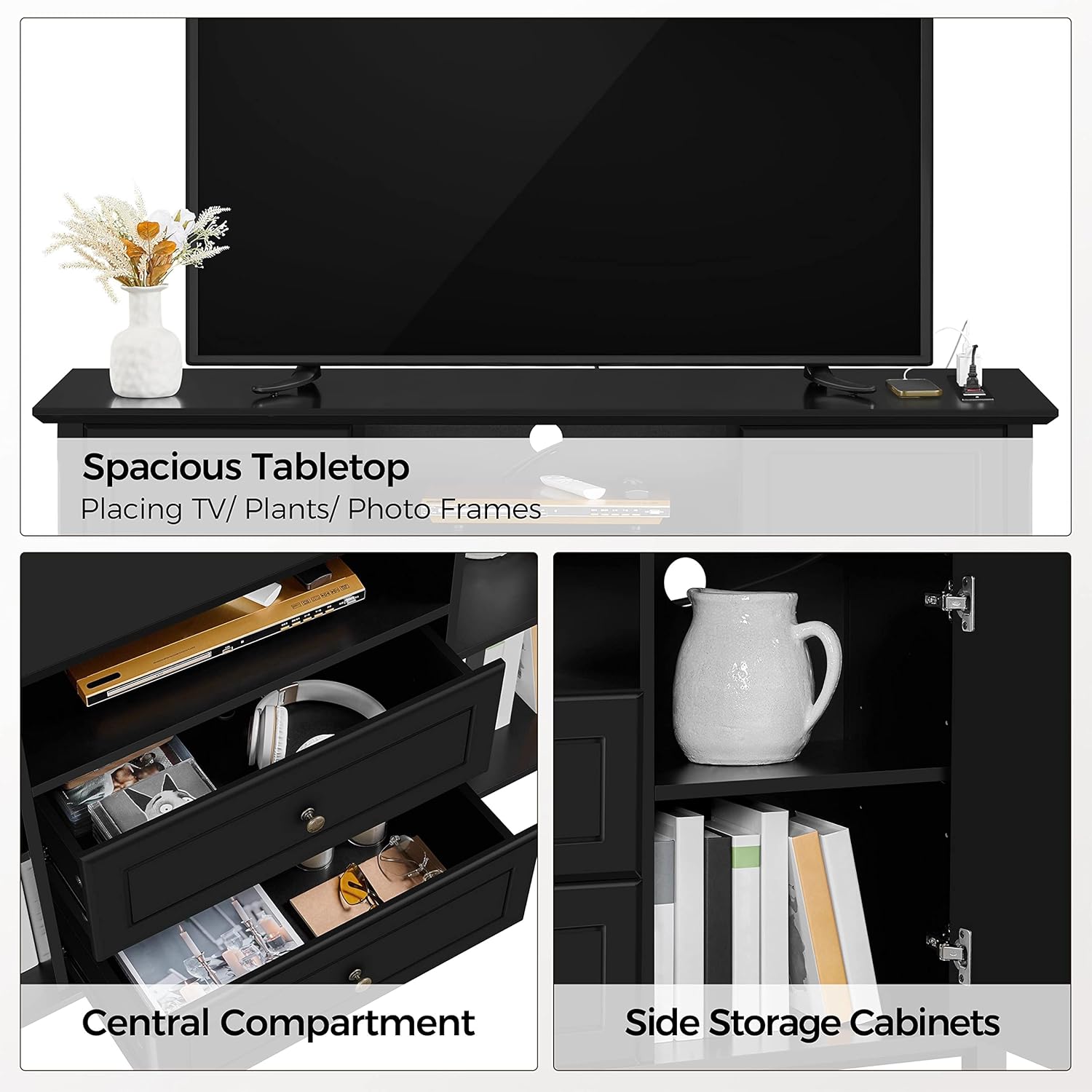 Topeakmart Black Media Entertainment Center with Power Outlet & Storage Cabinets, Elegant TV Stand with Adjustable Shelves for Living Room, 58 in TV Console Table for TVs up to 65 in
