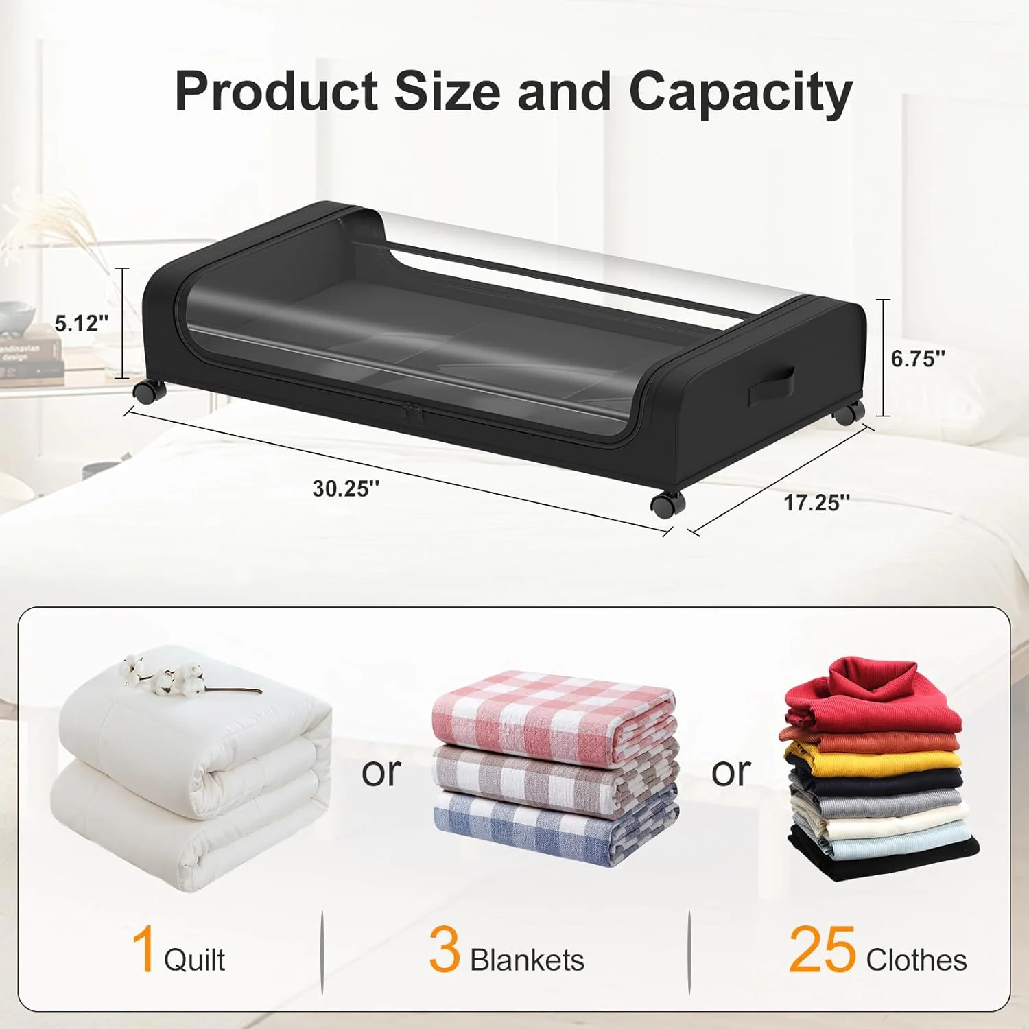 Under Bed Storage with Wheels 2 Pack, Under Bed Storage Containers, Large Under Bed Rolling Storage with Lid, Bedroom Storage Organizer for Clothes, Shoes,Toys, Books, Blankets BLACK