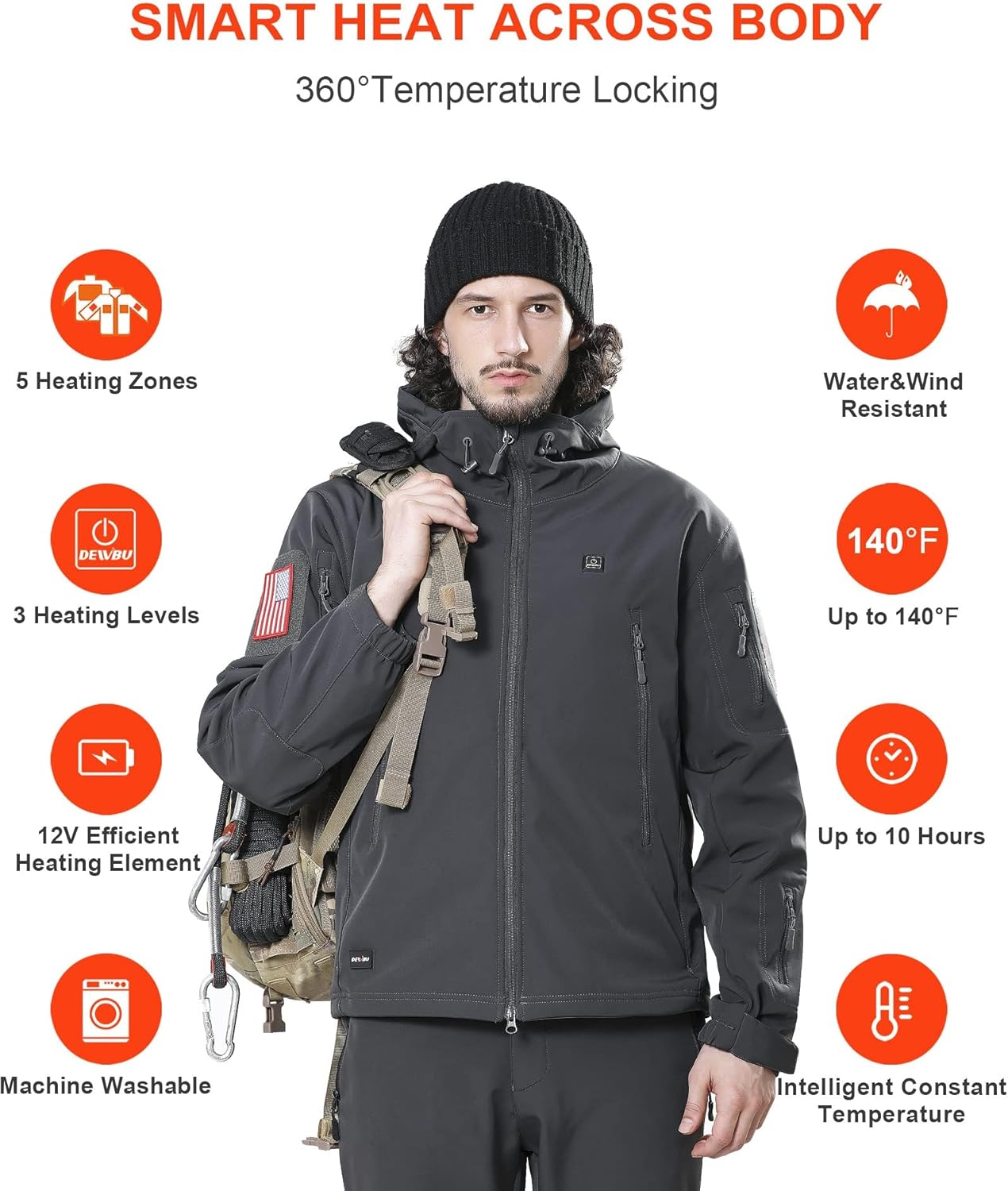 DEWBU Heated Jacket for Men with 12V Battery Pack Winter Outdoor Soft Shell Electric Heating Coat, Men's Grey, L