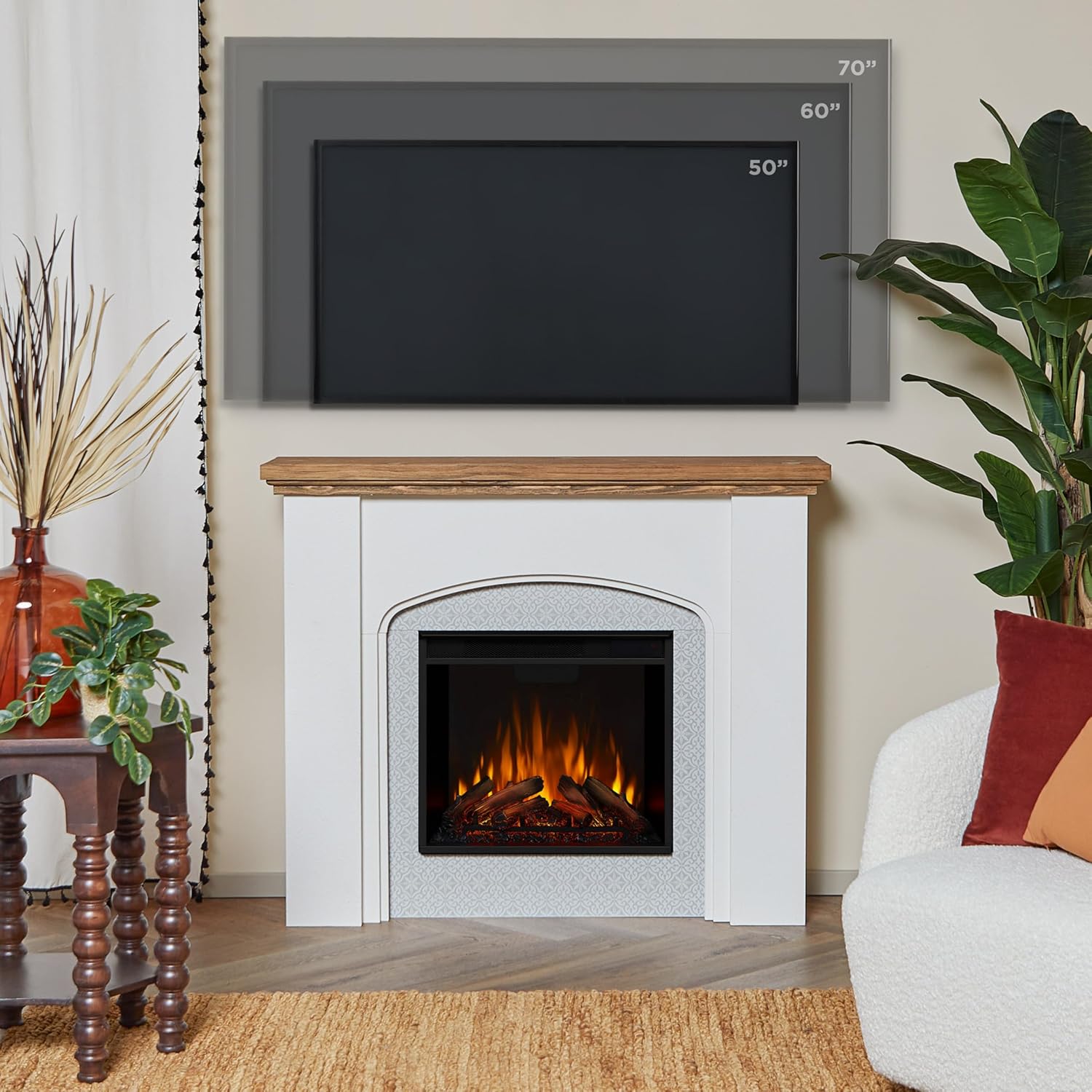 Real Flame Anika 49" Electric Fireplace with Mantel for Living Room or Bedroom, Replaceable Fireplace Insert Heater, Realistic Log and Flame Effect, Remote Control, Timer, White