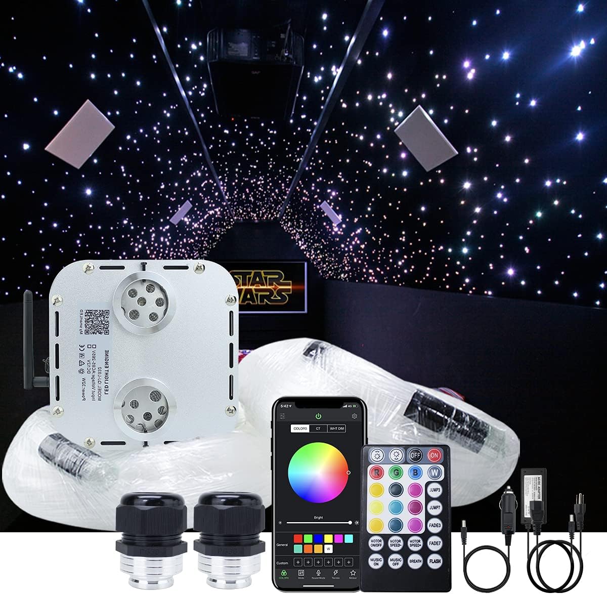AKEPO Car Home Use 32W RGBW Twinkle+ Sound Activated+ APP Fiber Optic Lights Kit Star Ceiling Sky Light with Total 800pcs in 13.1ft/4m + 9.8ft/3m Long Optical Fiber Cable for Indoor or Interior Decor