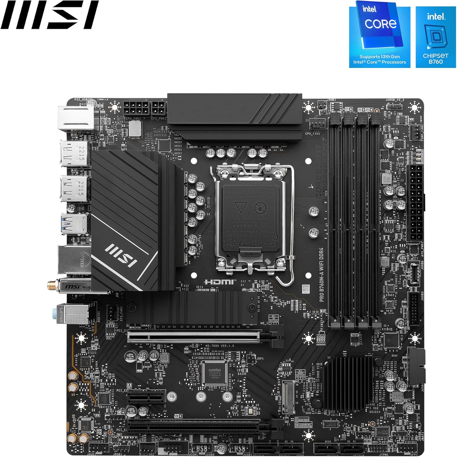 MSI PRO B760M-A WIFI DDR4 mATX Motherboard, 4x DDR4~128GB, 2x PCI-E x 16, 1x PCI-E x 1, 2x M.2, 4x SATA, 4x USB 3.2 , 2x USB 2.0