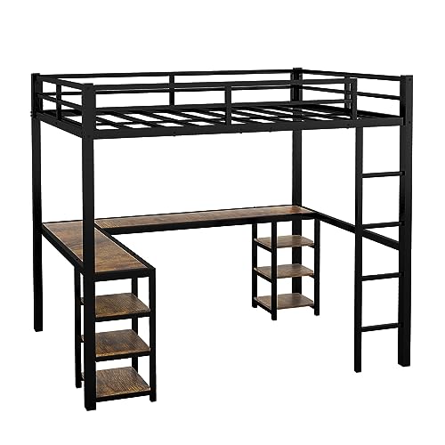 Full Size Loft Bed with Desk and Storage Shelves, Heavy Duty Metal Loft Bed with L-Shaped Desk and Ladder, Full Size Loft Bed for Kids, Teens(Black Desk Full Loft Bed)