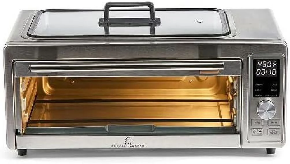 Emeril Power Grill 360, 6-In-1 Countertop Convection Toaster Oven With Top Indoor Grill, Air Fry, Roast, Toast, Bake, Dehydrate, Glass Lid, Stainless Steel