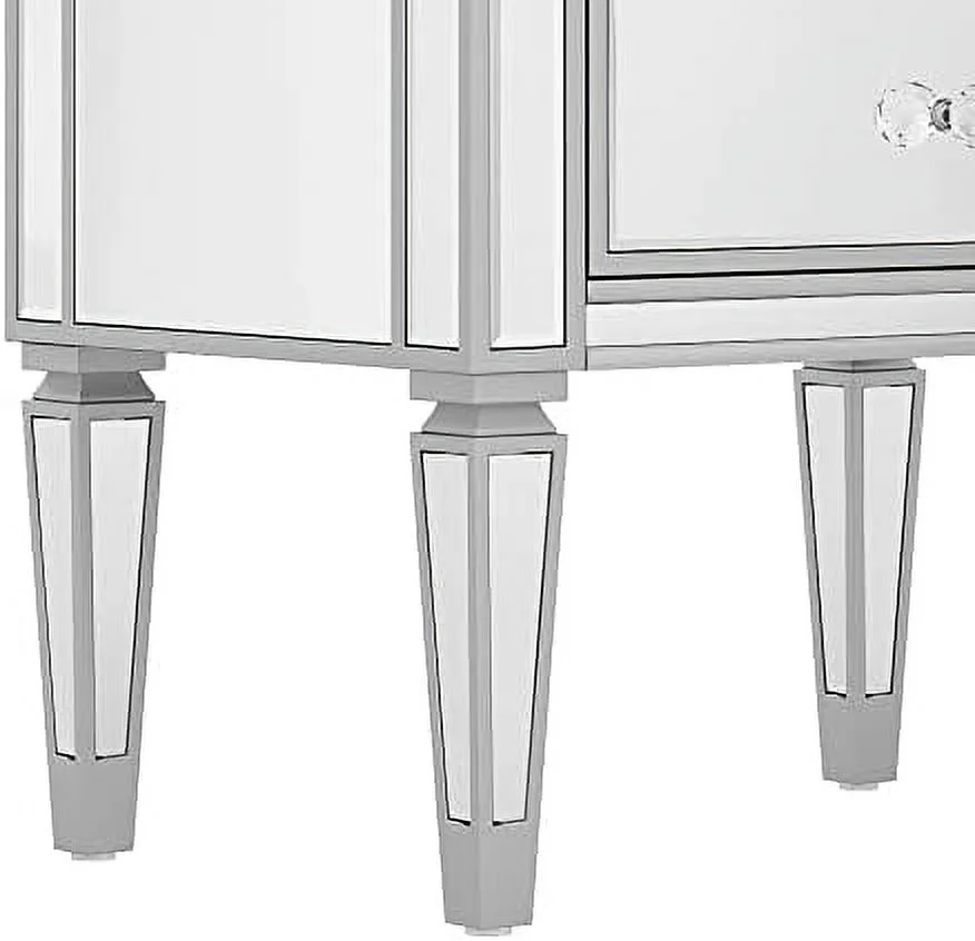 Mirrored Nightstand with 2 Drawers  Accent Side Table with Crystal Knobs  Modern End Table  Silver Finished Nightstand for Bedroom  Living Room