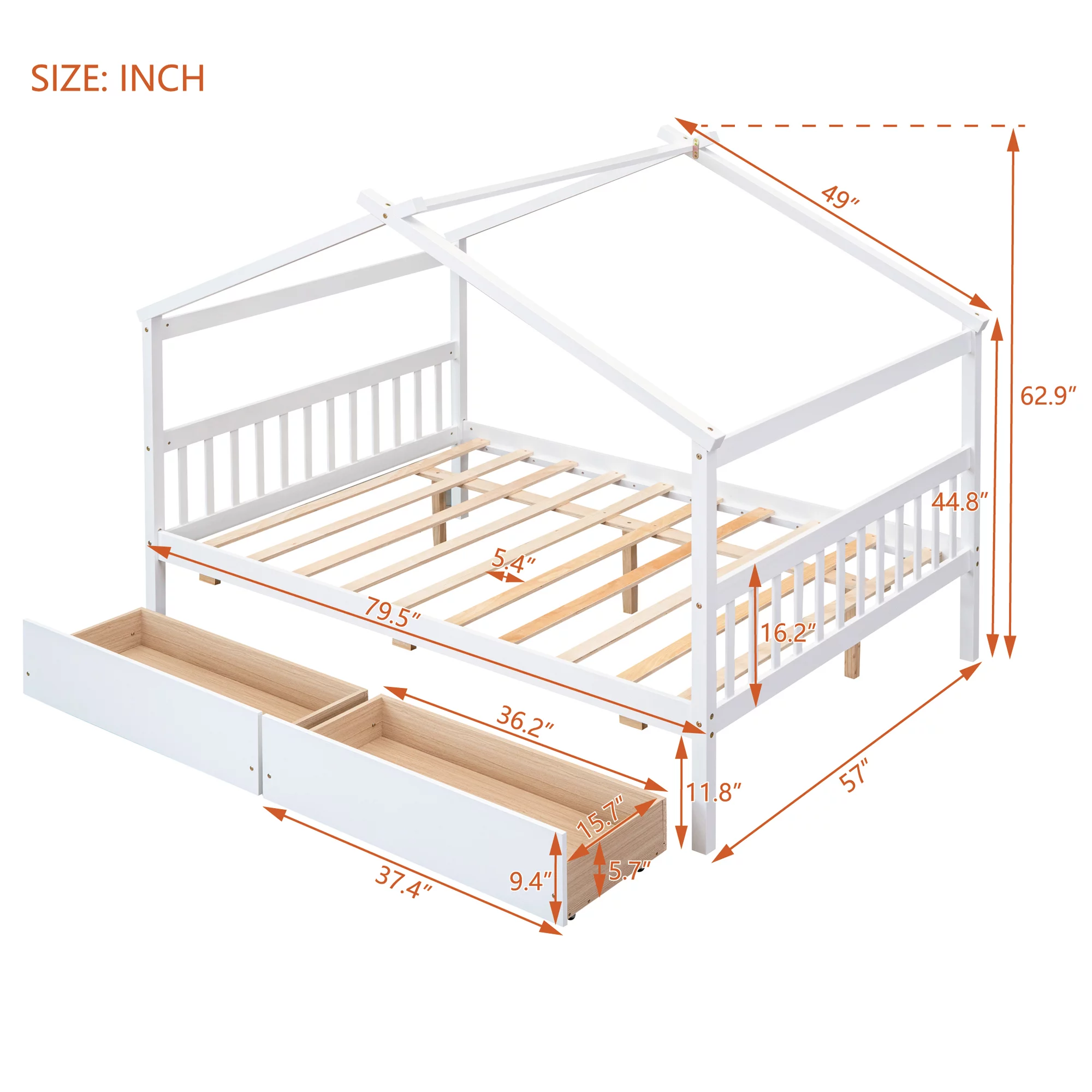 Bellemave Kids House Bed with Drawers Full Size Platform Bed with Storage Playhouse Design Wooden House Bed Frame With Headboard and Footboard for Boys Girls Teens, White