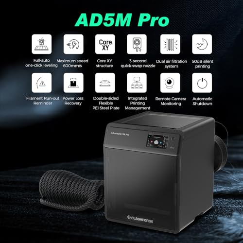 FLASHFORGE Adventurer 5M Pro 3D Pinter, 600mm/s High-Speed with 1 Click Fully Auto Printing Systerm, Quick Detachable 280°C Direct Extruder, Auxiliary Chamber Cooling, Remote Control, 220x220x220mm