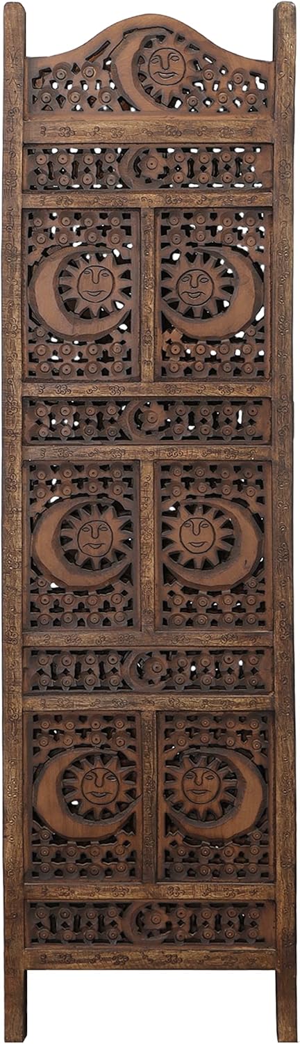 Hand Carved Sun and Moon Design Foldable 4 Panel Wooden Room Divider