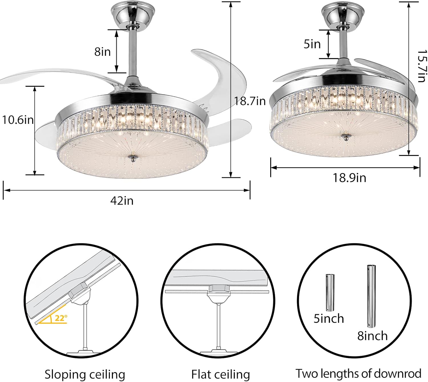 42" Retractable Crystal Ceiling Fans with Lights, Stepless Dimmable Chandelier Ceiling Fans Remote Control Invisible Blades, Reversible Fandelier Fans for Living Room Bedroom