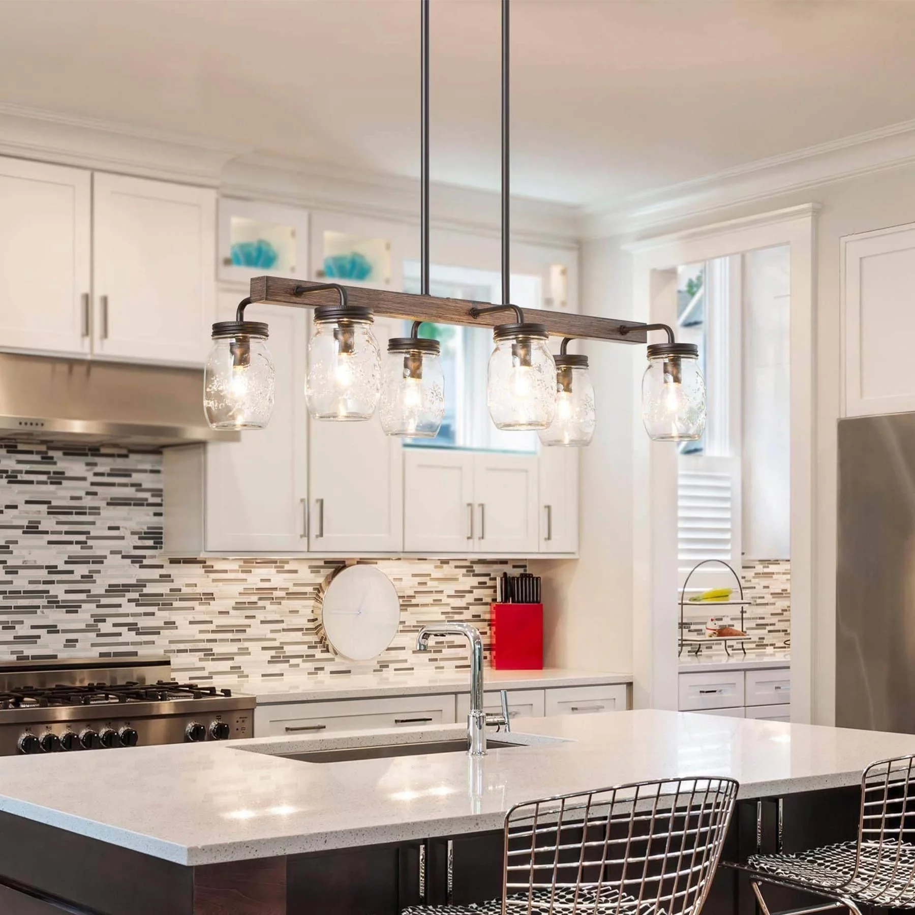 Modern Farmhouse 6-Light Chandelier Glass Bar Kitchen Island Lights - L27.5" x W11"x H 71.5"