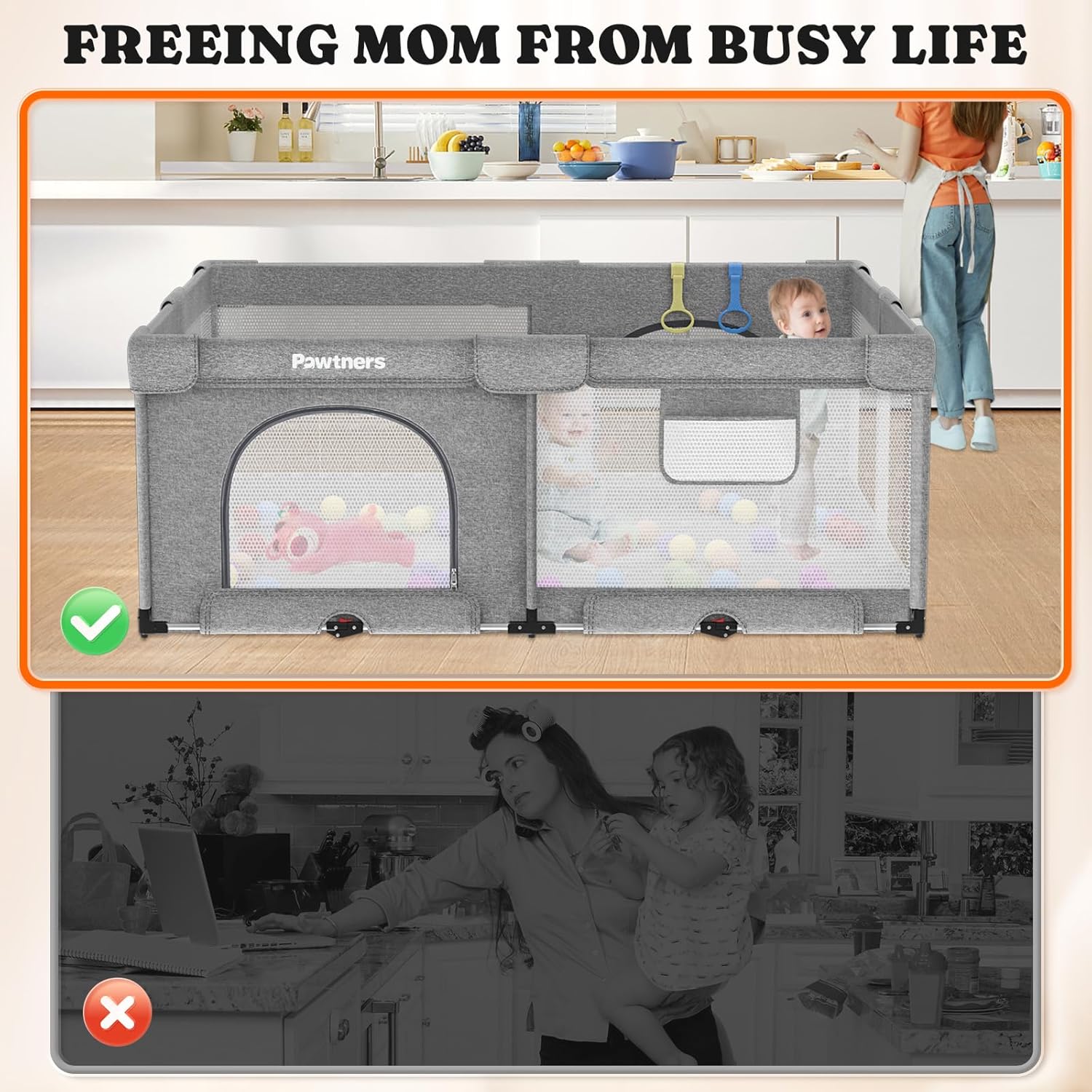 Foldable Playpen for Babies and Toddlers: 71"L x 59"W x 27"H, Large Kids Playpen, Portable Baby Play Yard for Indoor and Outdoor Play Area, Baby Gate Playpen with 50PCS Ocean Ball, 4 Handles, 1 Basket