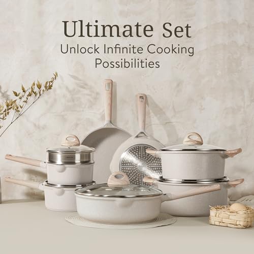 CAROTE 17pcs Pots and Pans Set Non Stick, Kitchen Cookware Sets, Easy to Clean Kitchen Induction Pots and Pans, Pot and Pan Sets for Cooking, Cream White