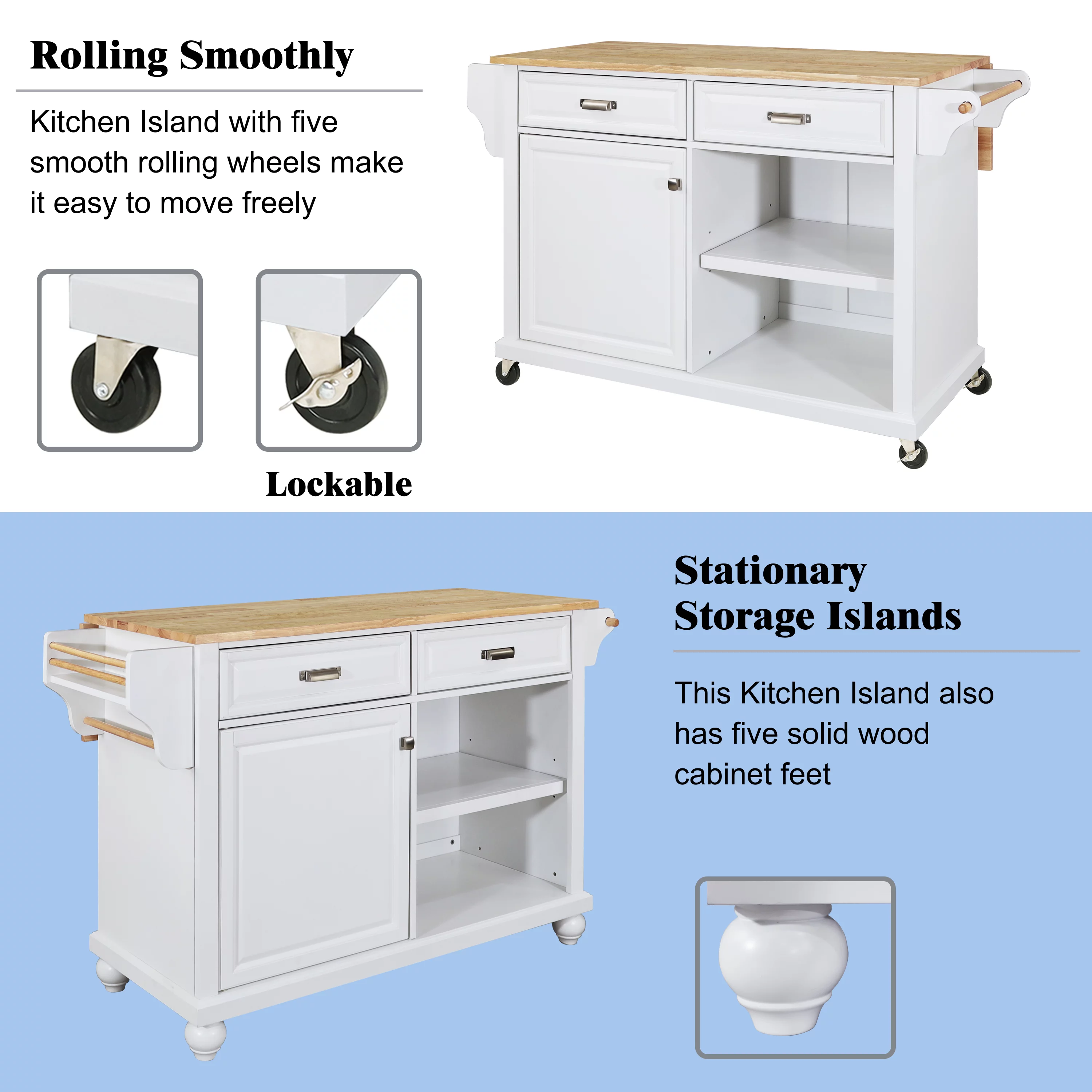 Multi-Functional Storage Island Cart with Rubberwood Countertop and Drop-Leaf, Greenguard Gold Certified, Kitchen Island on Wheels with Large Storage Cabinet,2 Drawers,Spice Rack,Towel Holder, White