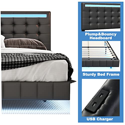 Queen Size Floating Bed Frame with LED Lights and USB Charging,Modern Upholstered Platform LED Bed Frame Queen led Bed Frame (Black)