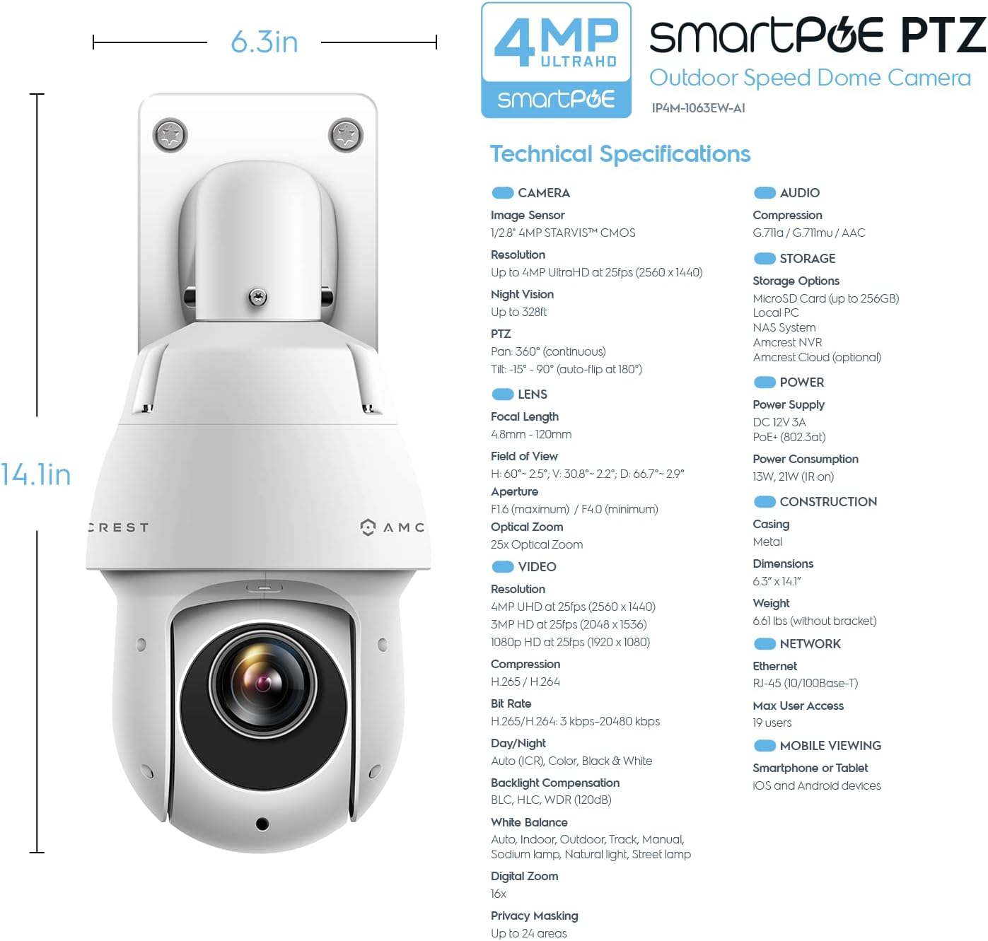 Amcrest 4MP Outdoor PTZ POE + AI IP Camera Pan Tilt Zoom (Optical 25x Motorized) Security Speed Dome, People and Vehicle Detection AI, Face Detection, 328ft Night Vision POE+ (802.3at) IP4M-1063EW-AI