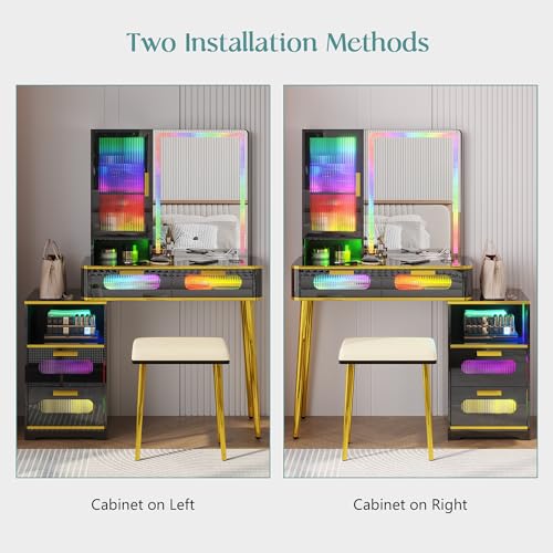RGB LED Vanity Desk with Mirror and Lights, Makeup Vanity Table with Charging Station, 7 Dynamic and 24 Static Dimmable Vanity Set, Dressing Table with Jewelry Organizer, Gifts for Women/Girls, Black