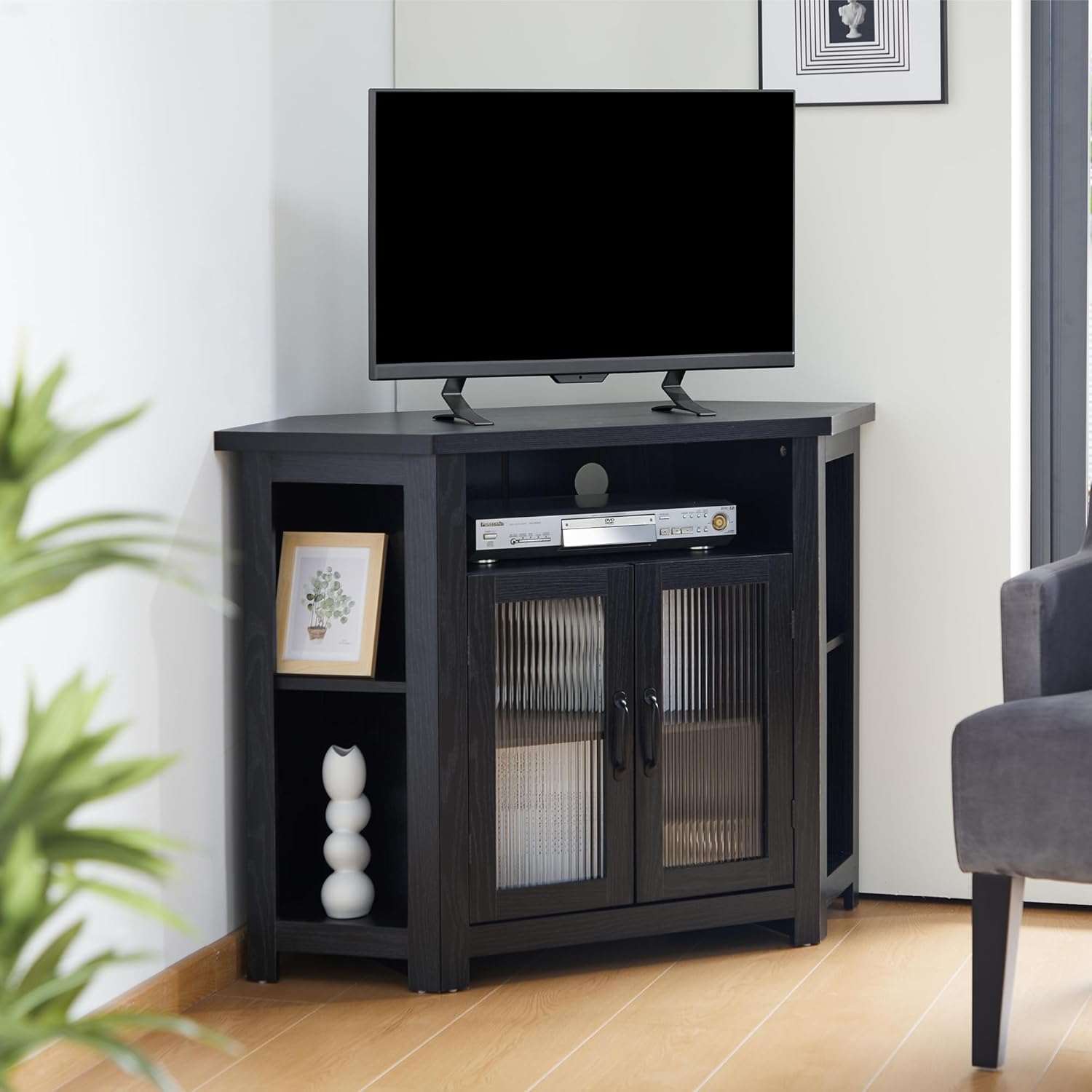 Corner TV Stand for TVs up to 50 Inch, Media Entertainment Center with Storage Shelves and Glass Doors, Console Table Buffet Cabinet for Living Room Bedroom