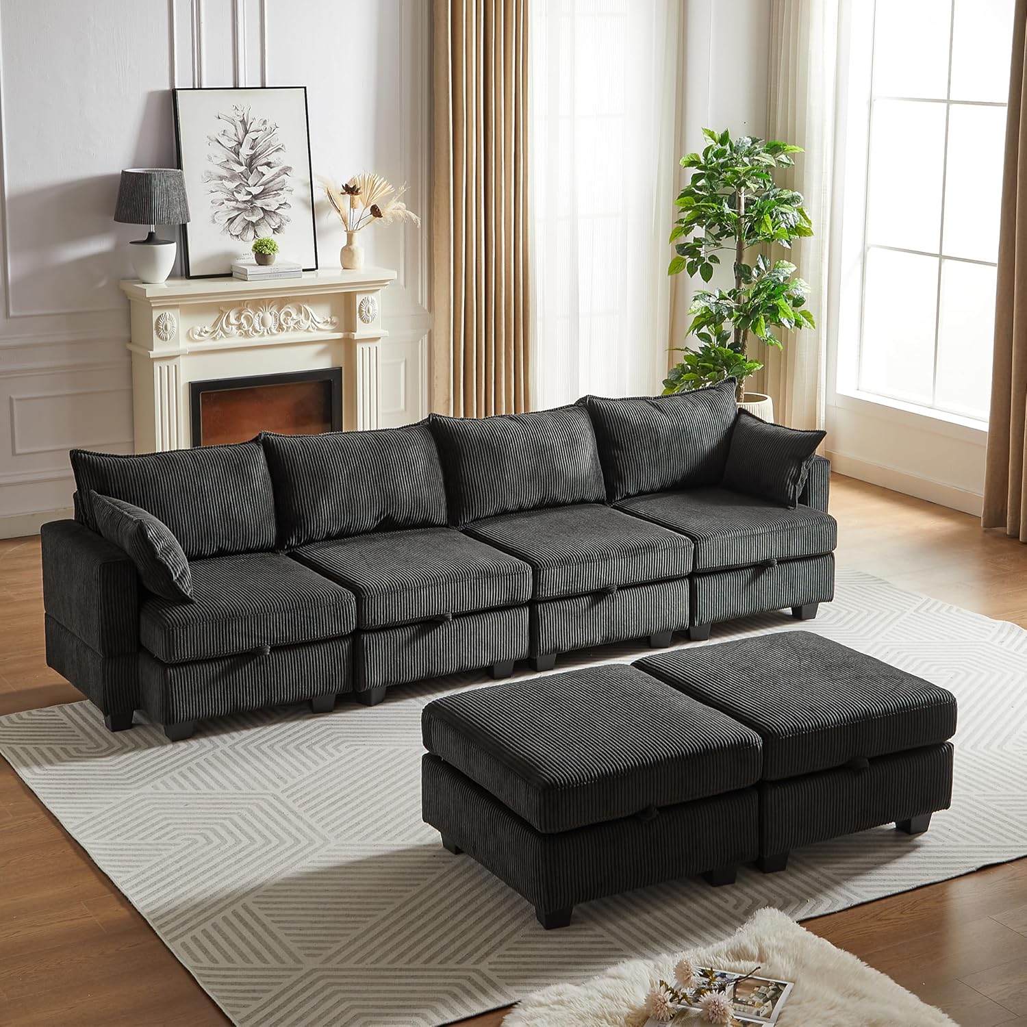 JUSTONE 113.5'' Modular Sectional Sofa with Storage, U Shaped Convertable Sectional Couch with Wide Chaise, Deep Seat Modular Sectional Sofa with Ottoman, Corduroy,Black