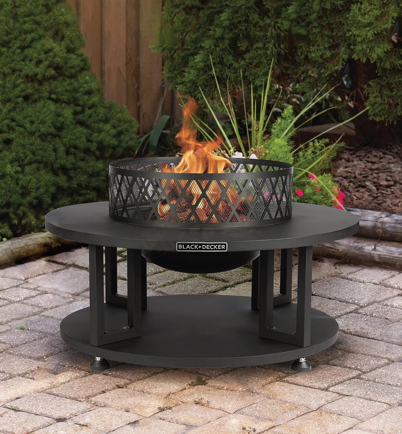 BLACK + DECKER 38" D Steel Wood burning fire pit with log storage area for entertaining backyard bonfires includes mesh lid and poker Black powder coated steel