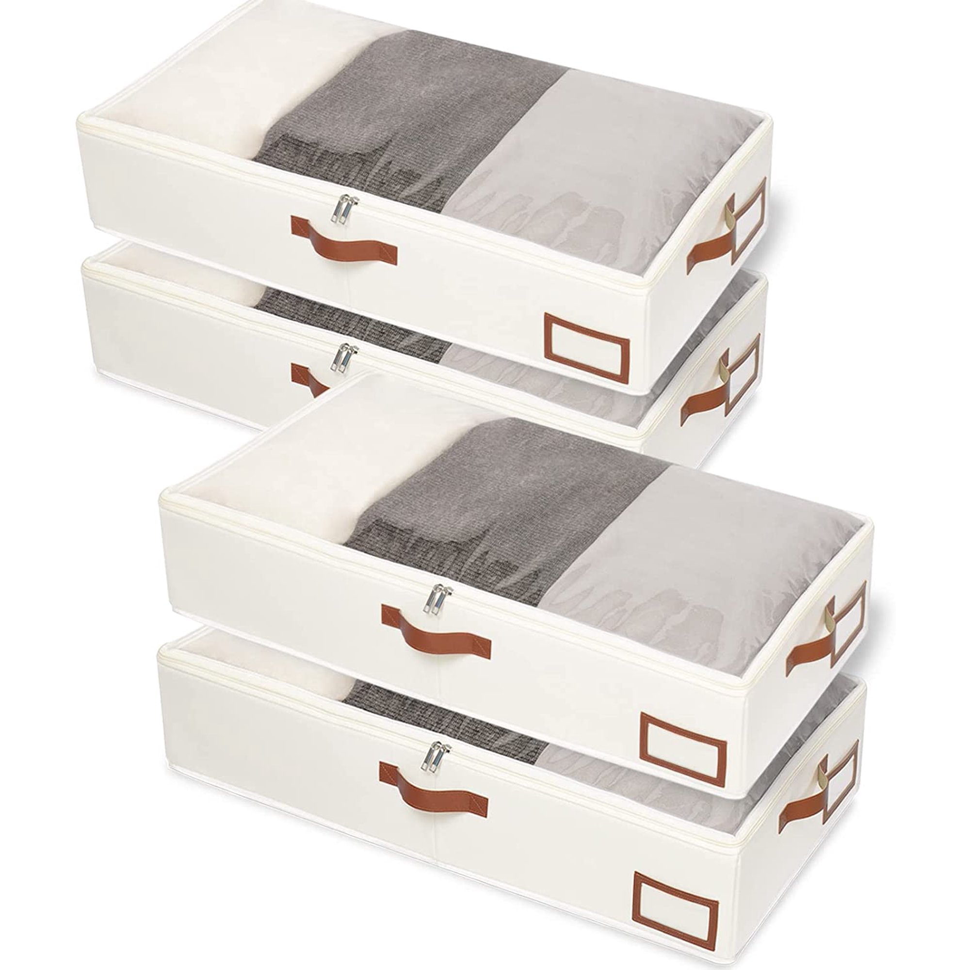 Under Bed Storage, 2 Pack Underbed Storage Box, Collapsible Storage Bag, with Sorting card slot and 4 Leather Handles, for Blanket, Bedding, 23.6''Lx11.8''Wx6''H, Beige