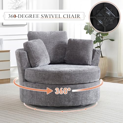 Chair and A Half with Ottoman, 360° Swivel Accent Barrel Chair Modern Comfy Round Reading Sofa Swivel Chairs Circle Lounge Chair for Bedroom Living Room w/4 Pillow Lower Seating Heigh (White, Large)