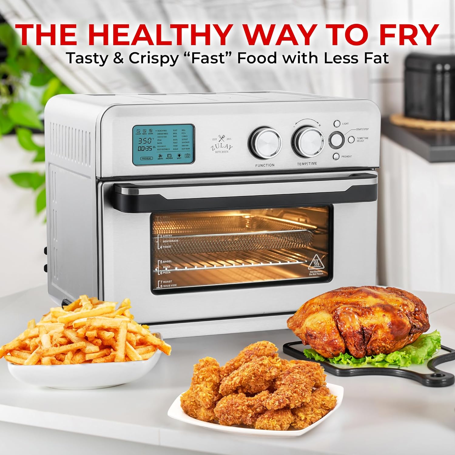Zulay Large Countertop Air Fryer - Stainless Steel Airfryer Toaster Oven Combo with 21 Functions - 26.4Qt Capacity Stainless Steel Convection Oven with Toast, Bake, Rotisserie & Dehydrate Options