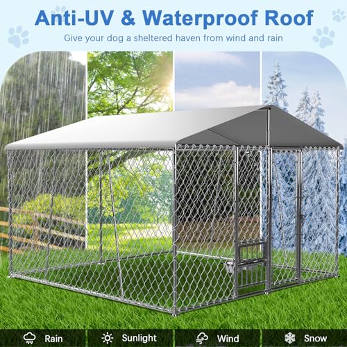 10×10×7FT Large Dog Kennel Outdoor with Bowls, Heavy Duty Outdoor Dog Kennel with Cover, Outside Chain Link Dog Playpen Dogs Run Dog Cage with Lock & Waterproof Roof for Backyard