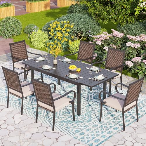 PHI VILLA 9 Piece Outdoor Extendable Dining Set for 8, Expandable Rectangular Metal Dining Table & 8 Rattan Chairs for Patio, Deck, Yard