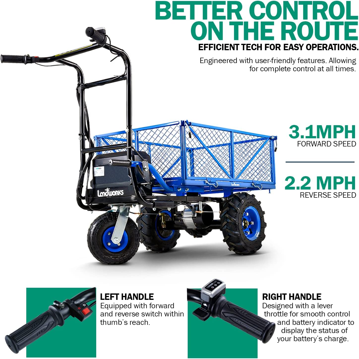 Landworks Utility Service Cart Wheelbarrow Power Wagon Super Duty Electric 48V DC Li-Ion Battery Powered 500LBS Load & 1000LBS+ Hauling Capacity Farm & Garden Dump w/All Purpose Modular Cargo Bed