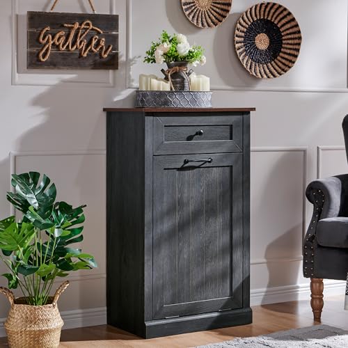 Double Tilt Out Trash Cabinet, Dog Proof Trash Can Cabinet, Farmhouse Hidden Laundry Hamper Cabinet with Barn Door, 10 Gallon Garbage Can Bin Cabinet with Storage Basket for Kitchen (Dark Grey)