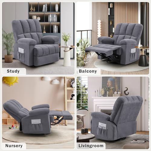 CDCASA Oversized Swivel Rocker Recliner Chair, Chenille 360° Swivel Glider Rocking Chairs for Big Man, Manual Reclining Sofa Chair for Living Room, Theater, Nursery,1PC,Grey
