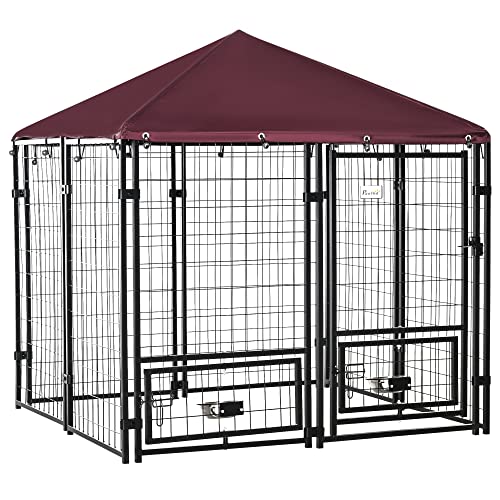 PawHut 4.6' x 4.6' x 5' Dog Kennel Outside, Welded Wire Outdoor Dog Kennel Run with Waterproof & UV Resistant Cover, for S&M Breeds, Chickens, Ducks, Black